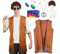 Costume hippie da uomo, set anni '60 anni '70, abbigliamento da uomo, accessori hippie con gilet hippie e occhiali da vista, parrucca da discoteca, gilet con frange, costume da carnevale