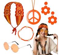 Costume Hippie Donna Anni 70, 5pcs 60s 70s Set di Costumi Hippie Includono Fiore Maglia Fascia, Braccialetto, Occhiali da Sole Hippie, Collana Segno Della Pace e Orecchini Fiore Potenza (Arancione)