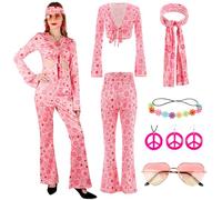 Costume Hippie Donna, Vestiti Anni 70 60 Donna Set Carnevale Costumi Hippie Pantaloni Zampa Accessori Anni 60S 70S Bambina Accessorio Fascia Collana Orecchini Occhiali per Discoteca Cosplay Festa
