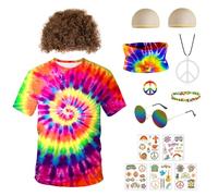 Costume hippie per uomo e donna, set di costume hippie anni '60 anni '70, costume hippie hippie da uomo e da donna, parrucca per occhiali, collana per carnevale, cosplay, feste