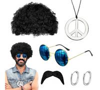 Costume Hippie Uomo, 5pcs Divertente Accessori Hippy Set con Parrucca Nera Falso Baffi Argento Collana Orecchino e Occhiali da Sole Hippy Anni 60 Anni 70 Disco Party Outfit Hippie Fancy Abito per Gli