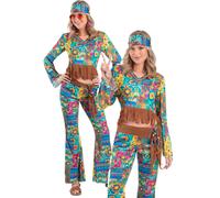 Costume Hippy Blu Flower Power Donne 60S 70S Abito Elegante Regno Unito 8-14