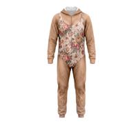 Costume intero da mostro classico da uomo, con cappuccio e corpetto | Un costume intero pull-on abbina una parte superiore marrone con cappuccio con un pannello di stampa floreale a contrasto e