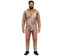 Costume intero da mostro classico da uomo, con cappuccio e corpetto | Un costume intero pull-on abbina una parte superiore marrone con cappuccio con un pannello di stampa floreale a contrasto e