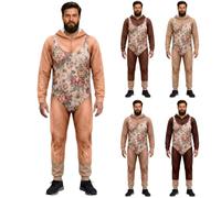 Costume intero da mostro classico da uomo, con cappuccio e corpetto | Un costume intero pull-on abbina una parte superiore marrone con cappuccio con un pannello di stampa floreale a contrasto e