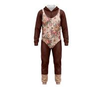 Costume intero da mostro classico da uomo, con cappuccio e corpetto | Un costume intero pull-on abbina una parte superiore marrone con cappuccio con un pannello di stampa floreale a contrasto e