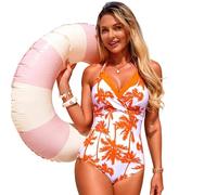 Costume Intero Donna con Schiena Nuda, Sgambato e Ritagli, Dotato di Push up Ideale per Spiaggia da bagno sportivo con stampa floreale, da spiaggia, da spiaggia, per il surf, la piscina (Orange, XXL)