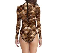 Costume Intero Donna con Schiena Nuda, Sgambato e Ritagli, Dotato di Push up Ideale per Spiaggia da bagno a maniche lunghe con stampa a squame e collo per la spiaggia e il nuoto (Coffee, XXL)