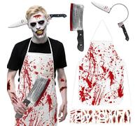 Costume Macellaio Halloween, Costume Halloween Uomo Donna Horror, Grembiule Insanguinato Macellaio, Cerchietto Coltello, Coltello e 10 Tatuaggi Cicatrici, Travestimento per Festa Cosplay Adulti
