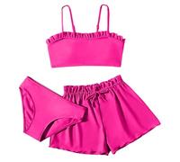 Costume Mare Bimba con Volant Costumi da Bagno 3 Pezzi da Bambina per Bambina Bikini Solido Rullfes con Coprire Pantaloncini Costume Ragazza Tre Pezzi Costume da Bagno Bambina 8-16 Anni