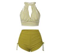 Costume Mare Donna Costume Donna Due Pezzi Fascia Solid Color Striped Two Piece Bikini Swimsuit Women Tight Sexy Domna Costumi Due Pezzi Vita Alta (Gold XXL)