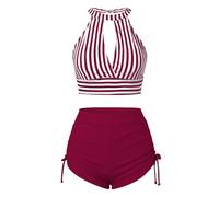 Costume Mare Donna Costume Donna Due Pezzi Fascia Solid Color Striped Two Piece Bikini Swimsuit Women Tight Sexy Domna Costumi Due Pezzi Vita Alta (Hot Pink M)