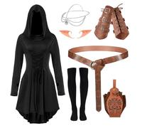Costume medievale da donna, abito rinascimentale nero, set completo da elfo con abito con cappuccio, cintura, braccialetti, calzini, orecchie, collana e custodia per cosplay della fiera rinascimental