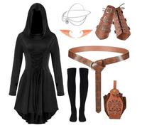 Costume medievale da donna, abito rinascimentale nero, set completo da elfo con abito con cappuccio, cintura, braccialetti, calzini, orecchie, collana e custodia per cosplay della fiera rinascimental