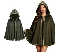 Costume medievale da donna con cappuccio, mantello in velluto vintage rinascimentale con finiture, Verde oliva, 65cm/25.59"