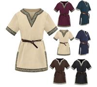 Costume medievale per bambini, tinta unita, con scollo a V, maniche corte, per Halloween, cosplay, vichinghi, guerrieri, cavalieri, carnevale, età 3-12 anni (cintura non inclusa), Beige-B, 5-6 Anni