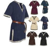 Costume medievale per bambini, tinta unita, con scollo a V, maniche corte, per Halloween, cosplay, vichinghi, guerrieri, cavalieri, carnevale, età 3-12 anni (cintura non inclusa), Blu-B, 5-6 Anni