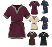 Costume medievale per bambini, tinta unita, con scollo a V, maniche corte, per Halloween, cosplay, vichinghi, guerrieri, cavalieri, carnevale, età 3-12 anni (cintura non inclusa), Rosso-B., 8-9 Anni