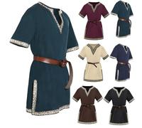 Costume medievale per bambini, tinta unita, con scollo a V, maniche corte, per Halloween, cosplay, vichinghi, guerrieri, cavalieri, carnevale, età 3-12 anni (cintura non inclusa), Verde: B., 10-12