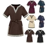 Costume medievale per bambini, tinta unita, con scollo a V, maniche corte, per Halloween, cosplay, vichinghi, guerrieri, cavalieri, carnevale, età 3-12 anni (cintura non inclusa), Marrone-a, 3-4 Anni