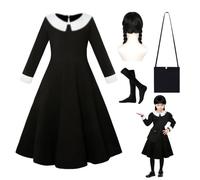Costume Mercoledì Bambina, Vestito Mercoledì Bambina, Abito da Mercoledìs | con Parrucche, Calzino, Borsa, Mercoledìs Outfit Cosplay per Carnevale Halloween