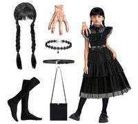 Costume Mercoledì Bambina, Vestito Mercoledì Bambina, Nero Abito da Mercoledì con Cintura, Calzini Lunghi, Collana, Parrucche, Borsa, Mano di Mercoledi per Cosplay Halloween Carnevale (120 cm)