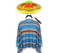 Costume messicano per adulti, poncho a righe blu, sombrero gonfiabile, baffi messicani e sigaro finto - costume da uomo e donna Mexico Mariachi Bandit Cinco de Mayo