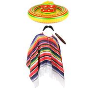 Costume messicano per adulti, poncho a righe multicolore, sombrero gonfiabile, baffi messicani e sigaro finto, costume da uomo e donna