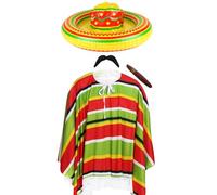 Costume messicano per adulti, poncho a righe rosse, verdi e gialle, sombrero gonfiabile, baffi messicani e sigaro finto - costume da uomo e donna Mexico Mariachi Bandit Cinco de Mayo