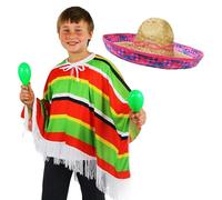 Costume messicano per bambini, con poncho messicano multicolore, paglia, maracas verdi, perfetto per qualsiasi festa in maschera per bambini e bambine