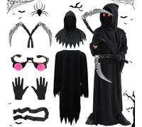 Costume Mietitore Bambino, Costume Da Tristo Mietitore per Ragazzi Ragazze, Veste Nera Spaventosa Con Doppie Falci, Occhi Rossi Brillanti, Costume Halloween per Travestimenti Da Festa Spettrali (95cm)