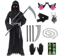 Costume Mietitore Bambino, Costume Halloween Bambino Grim Reaper Costumes,Costumi da Mietitore con Falce della Morte e Guanti, Collana, Occhiali Luminosi e Catene,per Costumi Halloween Carnevale