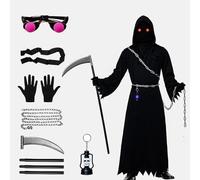 Costume Mietitore,Costume da Tristo Mietitore,Costume morte Bambino,Costume Falce Tristo Mietitore Mantello con Cappuccio Guanti Falce Occhiali Decorazione di Carnevale Festa Cosplay(S