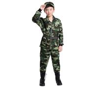 Costume Militare Bambino Bambina 1-14 Anni 4 Pezzi con Giacca a Zip, Pantaloni, Cintura e Berretto Costume Carnevale Soldato Tuta da Meccanico Mimetico per Sportiva Lavoro Campi Estivi e Invernali