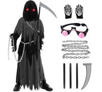 Costume Morte Bambino, Costumi Halloween Morte Bambino, Costume da Grim Reaper con Occhiali, Falce Della Morte, Guanti, Cintura per Halloween Carnevale Cosplay (M)