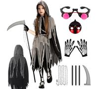 Costume Morte Bambino, Vestito Halloween Costume da Mietitore per Bambina, Costumi Cosplay Halloween con Occhiali Luminosi Falce Guanti da Scheletro, Carnevale Mantello Halloween con Cappuccio