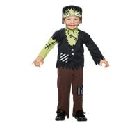 Costume mostriciattolo zombie per bambini disponibile in diverse taglie - con stampa e applicazioni, tessuto jersey elasticizzato, completo con casacca, pantaloni e copricapo