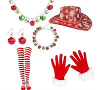 Costume Natale Costume 2024 Christmas Rosso Cowboy Cappello Braccialetto Guanto Set Ideale Festa Natale Vestito Da Festa Felice, Vino, Taglia unica