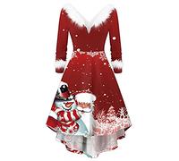 Costume Natale Donna in Peluche Abito Natalizio Donna Elegante A Maniche Lunghe con Scollo A V Vestito Natale da Donna Rosso con Stampa Babbo Natale Costume da Babbo Natale da Donna Christmas Dress