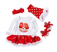 Costume Natale in 4 Pezzi Il Mio Primo Natale Bambina Tutina Vestito Pagliaccetto + Fascia + Scarpe + Scaldamuscoli Completi Calza Natale Vestito Natale Neonata Abbigliamento Natalizio Tutina Abiti