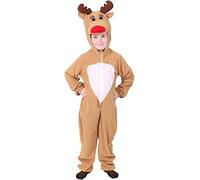 Costume natalizio con renna da bambino, taglia XS, tuta all-in-one con cappuccio di Rodolfo - Costume natalizio per Babbo Natale con renna dal naso rosso Rodolfo