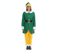 Costume natalizio da elfo da donna, taglia S/M, tunica verde e bianca, pantaloni gialli e cappello verde e giallo, per adulti e donne, costume natalizio da film