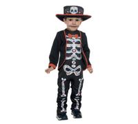 Costume niño catrin per halloween disponibile in diverse taglie - scheletrino messicano dias de los muertos in tessuto elasticizzato con cappello in feltro