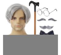 Costume nonno parrucca e baffi nonno - 8 pz/set parrucca vecchia parrucche - parrucca bastone occhiali sopracciglia falsi baffi papillon per nonno Cosplay