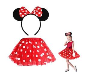 Costume Orecchie Mouse Ragazza, Gonna a Pois Bambina con Cerchietto Tutu, Costume da Topo da Donna per Bambini, Tutù Rosso a Punti, Kit Travestimento Topina, Rosso, 2 Pezzi