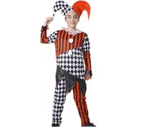 Costume pagliaccio terrore bambino arlecchino a quadri e strisce nero rosso, Halloween carnevale cosplay bambini, festa scolastica teatro sfilata, collo volante e cappello (Mono gon berretto, 5-6)