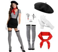 Costume Pantomima Donna, Mime Artist Costume, Pantomima Accessori con Cappello, Sciarpa, Guanti, Tatuaggio Viso, Calze a Righe Bianche e Nere, Accessori per Costume Donna Francese di Carnevale