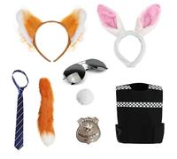 Costume per adulti per coppie di animali da città - XL - gilet della polizia, distintivo della polizia, orecchie e coda da coniglio, orecchie e coda di volpe, cravatta a righe blu e beige, set per
