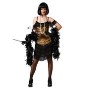 ATOSA | Costume da cabaret da donna adulta | Glamour, Seduzione ed Energia | Per feste a tema, carnevale o spettacoli | Abito con frange e glitter in nero e oro | Teatrale e stravagante | XXL