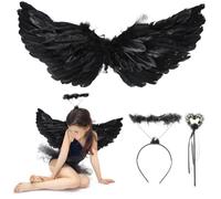 Costume per bambini con ali d'angelo nere, con ali d'angelo e aureola, per Halloween, per cosplay, con ali di piume, fascia per capelli, bacchetta da fata